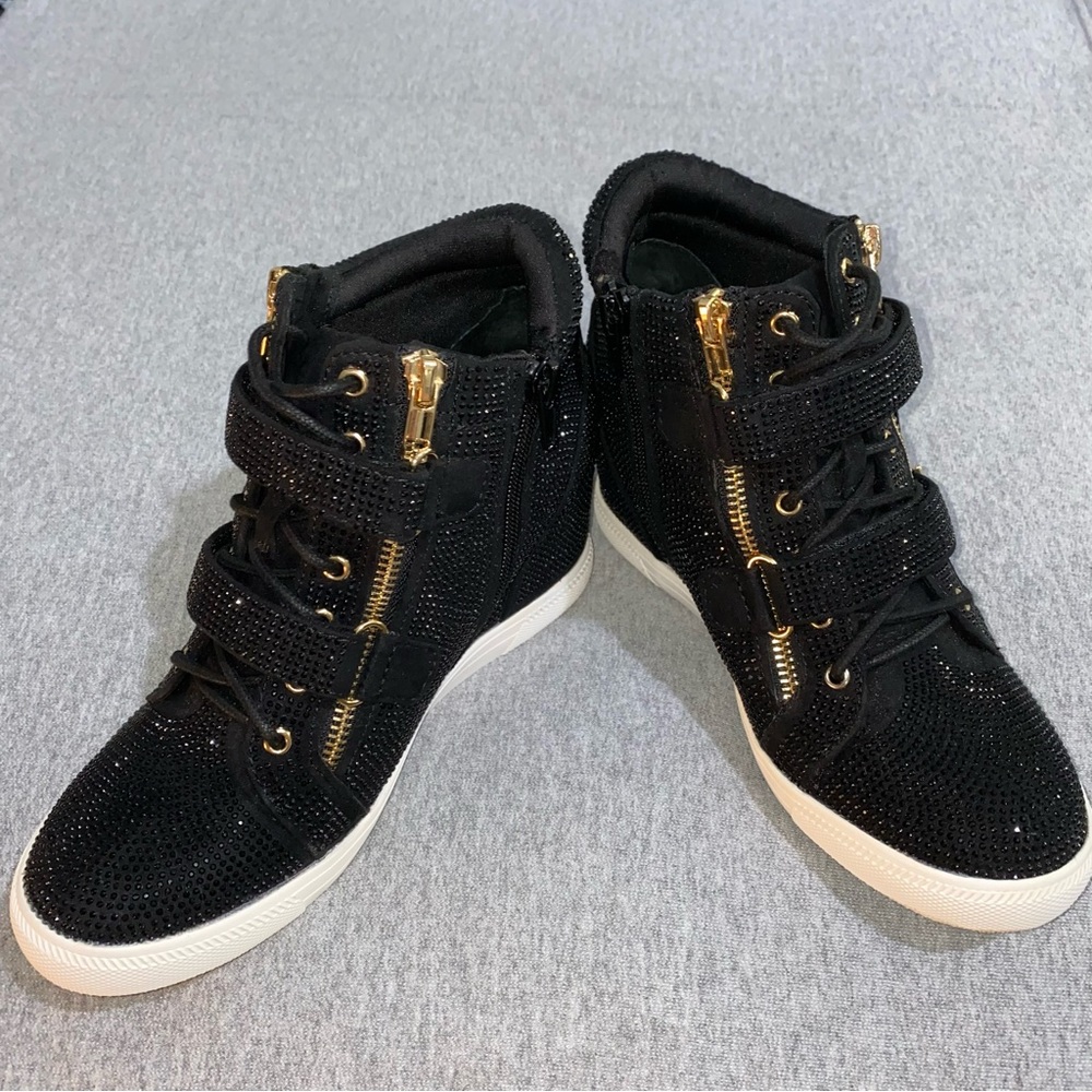 INC Black Crystal & Gold Debby Wedge Sneakers